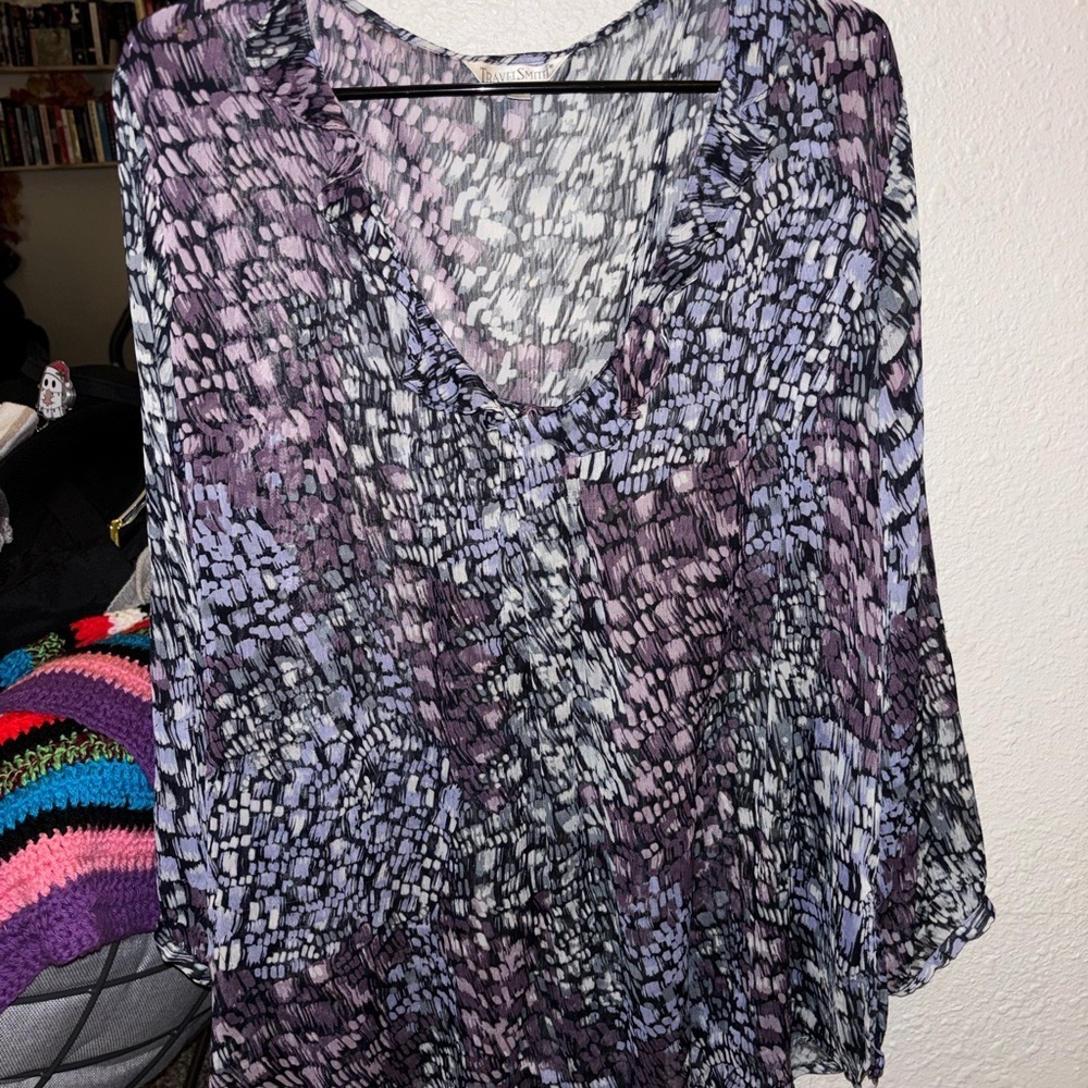 TravelSmith Women's Purple and Black Patterned Blouse Size 2X